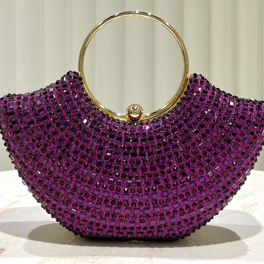 Bolso de mano con asa de anillo de diamante de lujo brillante púrpura, bolso de noche para mujer, vestido de fiesta, bolso de mano de boda, bolsos de hombro con cadenas