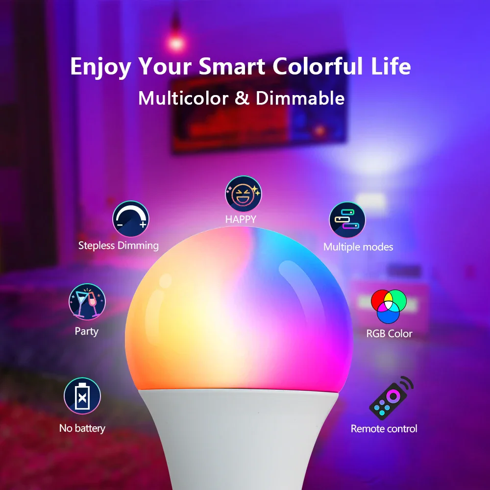 Tuya Smart-Lâmpada LED RGB Regulável, Luz Inteligente, Aplicação Smart Life, Controlo por Voz, Alexa, Google Home, E27, 5W, 10W, 15W