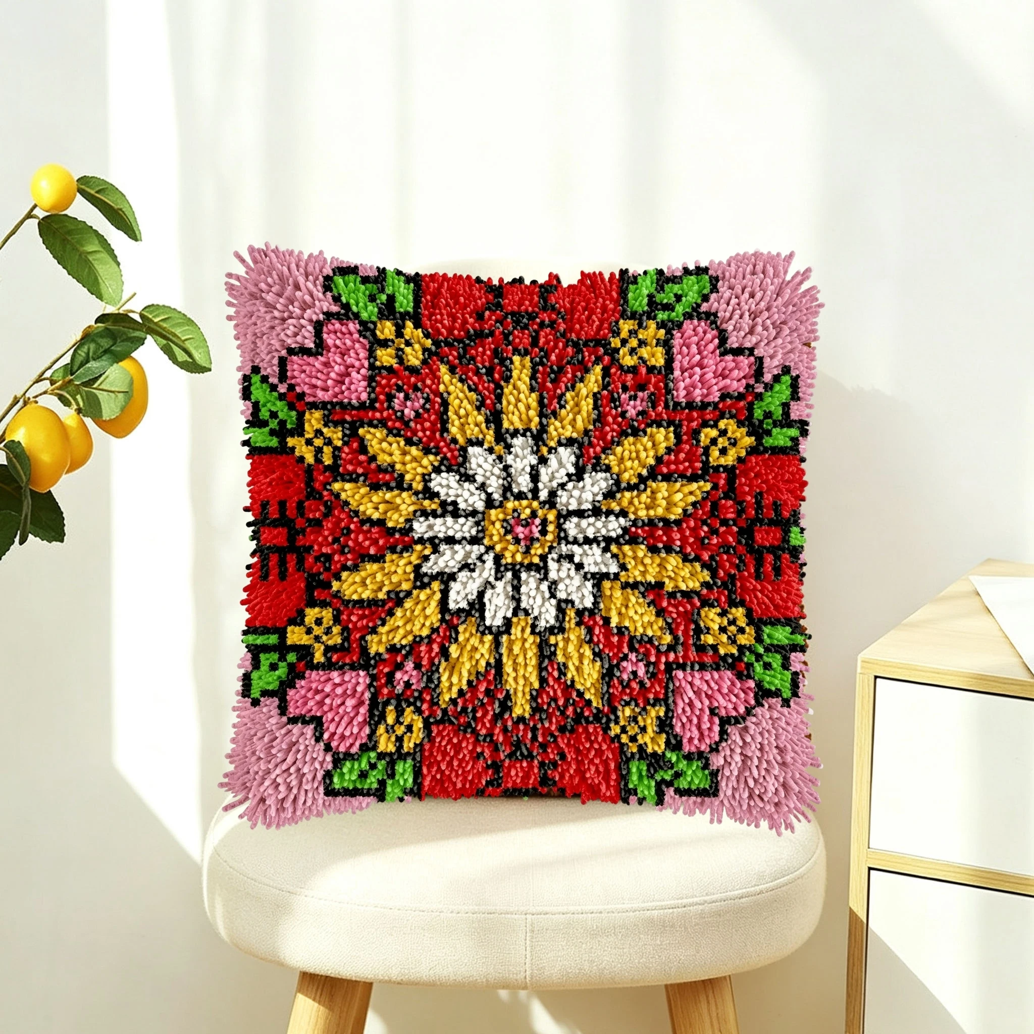 1Set Red Flower Mandala Knot Pillow Latch Hook Kit Cushion Pillowcase Set For Needlework Latch Hook Kits DIY Beginner-friendly E