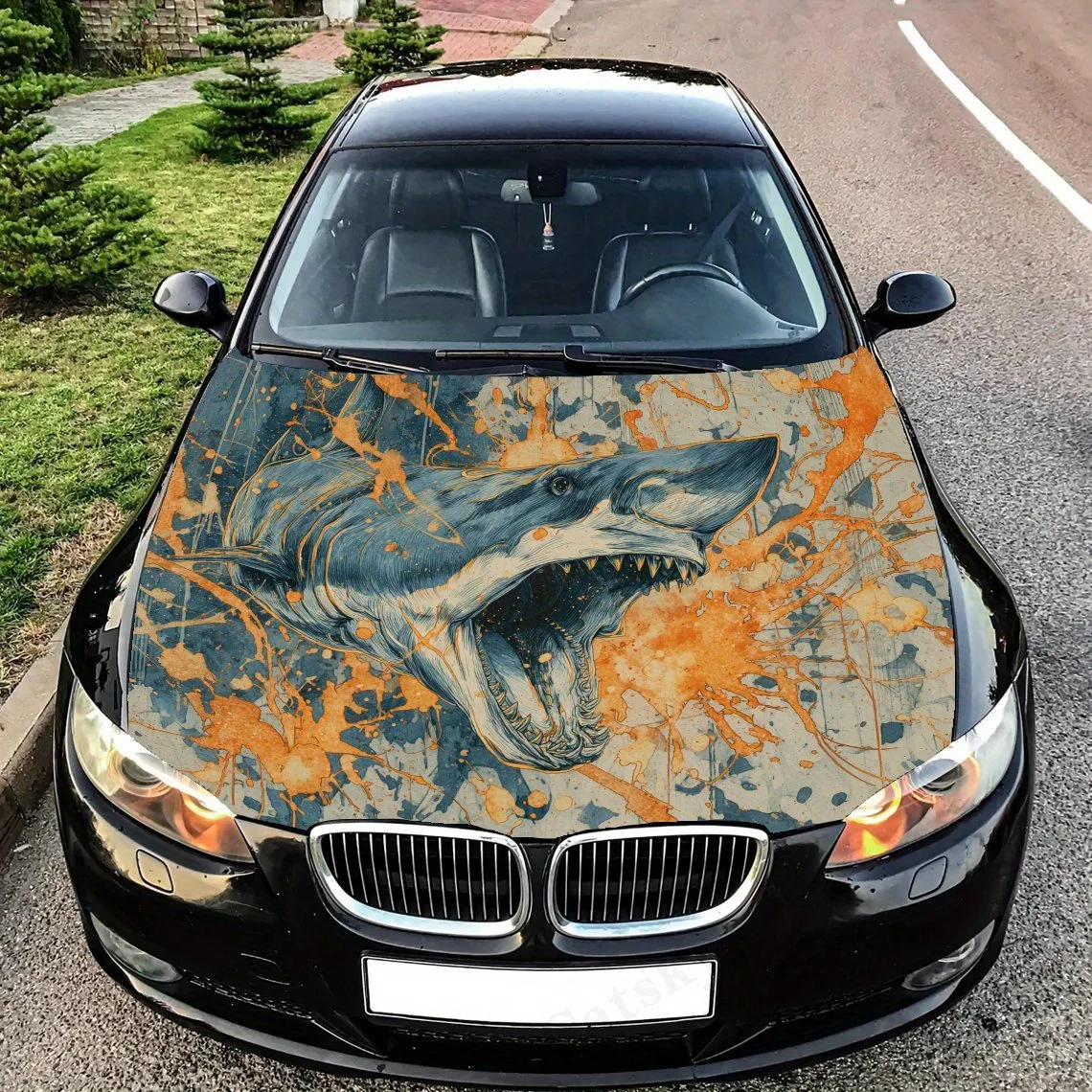 

Stylized, aggressive shark Car Hood - Self-Adhesive, Waterproof & Scratch-Resistant Sticker , Perfect For Vehicle Customization