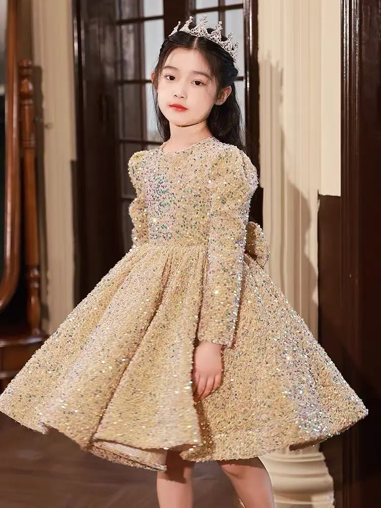 Elegant Golden Sequin Lace Flower Girl Dress Long Sleeves Puffy Pageant Gown Big Bow Baby Girl Birthday Party Weeding Vestidos