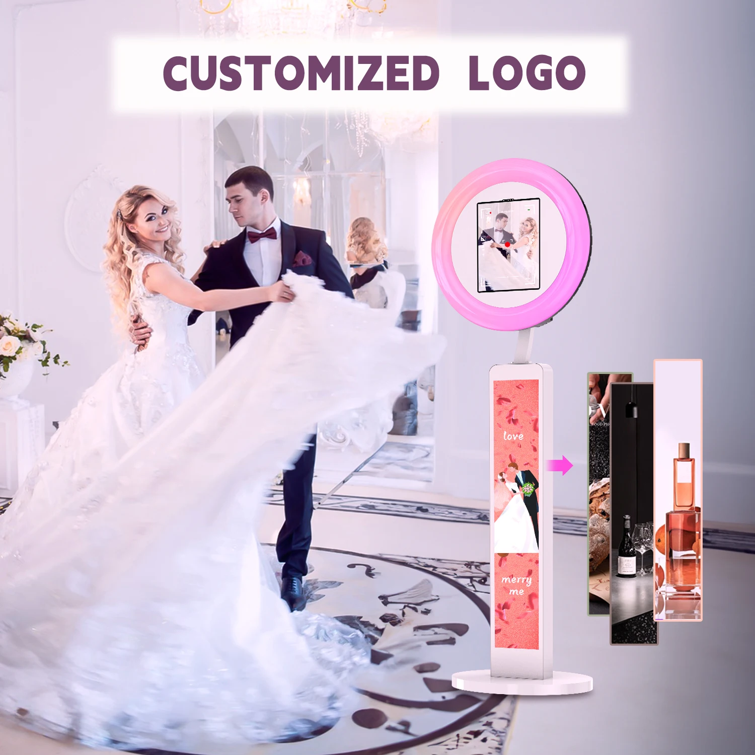 iPad Photo Booth Selfie Machine Shell Adjustable Stand Photobooth For Wedding Partys Events Customized LOGO With LED Ring Light