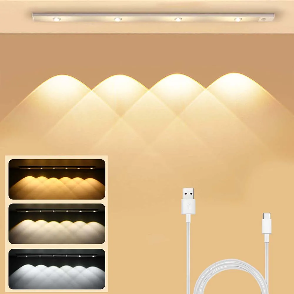 Type-C Rechargeable 3 Color Dimmable Magnetic Under Cabinet Night Light 30/40/50cm LED Cat-eye Hill Motion Sensor Cabinet Light