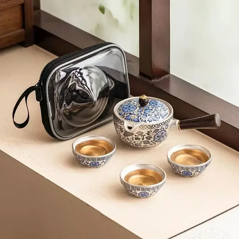 Twined Lotus Hand-painted 999 Silver Travel TeaSet 1Pot 3Cup Outdoor Picnic Portable Express Cup Side Handle Pot TeaCup Souvenir