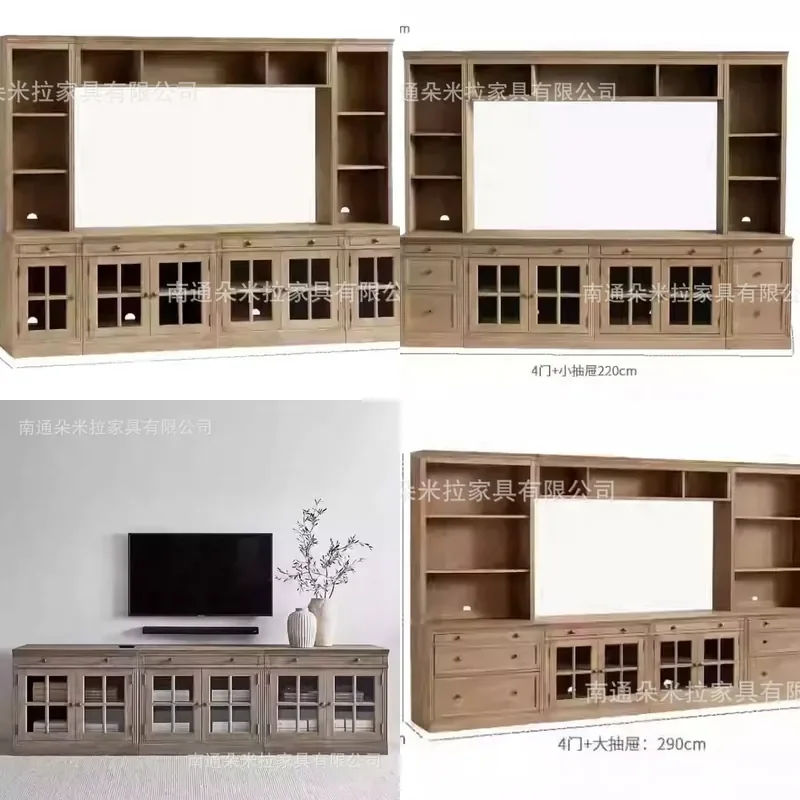 Gray Oak Solid Wood TV Stand with Glass Doors Bookshelf Combo French Vintage Style Media Console for Living Room Background