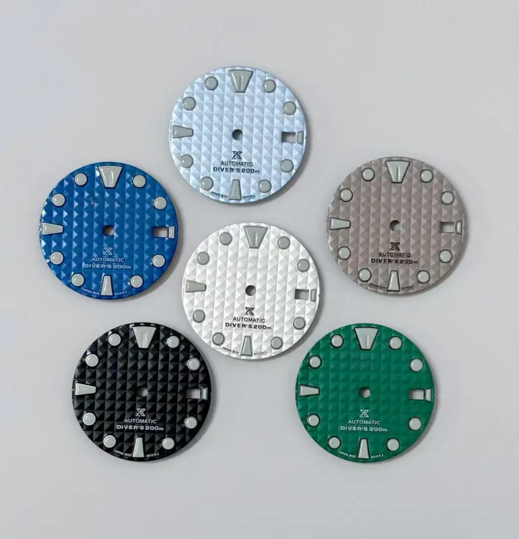 28.5mm NH35 Green Luminous Single Calendar Watch Parts Grid Mesh Dial S Dial Suitable for NH35/36 Movement Men's Watch