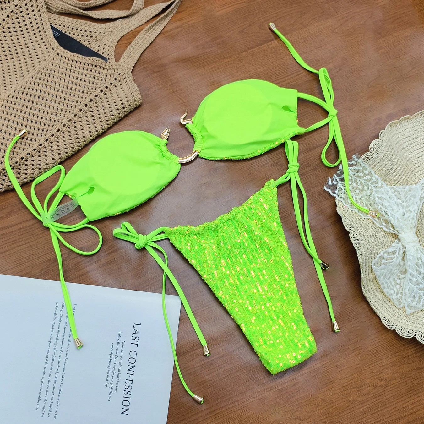 sexy glitter sequin metal snake ring bandeau bikinis sets two pieces thong swimsuits bathing suit swimwear biquini tankini