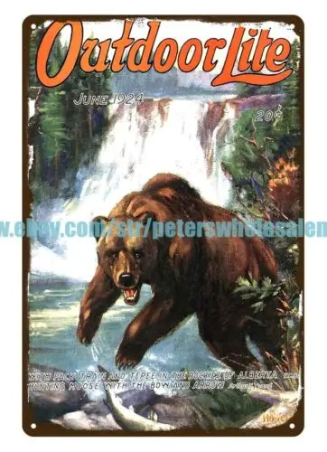 1924 Outdoor Life bear hunting fish metal tin sign bar decor ideas