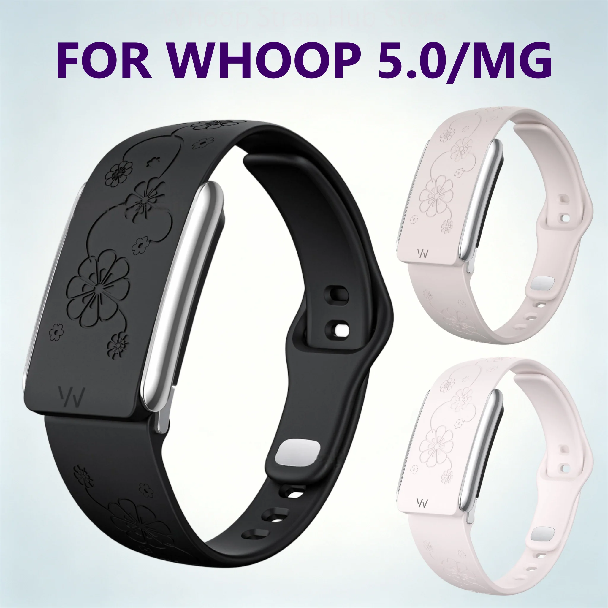 Embossed Flower Print Silicone Band For Whoop 5.0/MG Silver Frame Soft Breathable Adjustable Replacement Wristband