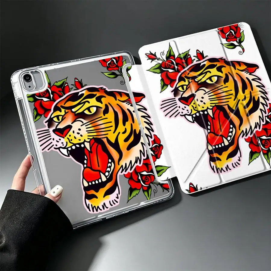 Tiger Roses Tablet Case For iPad 9th Mini 7 6 5 12th Pro 13 2025 2026 11th Air 8 M2 M3 3 10th Gen With Pen Slot Cover