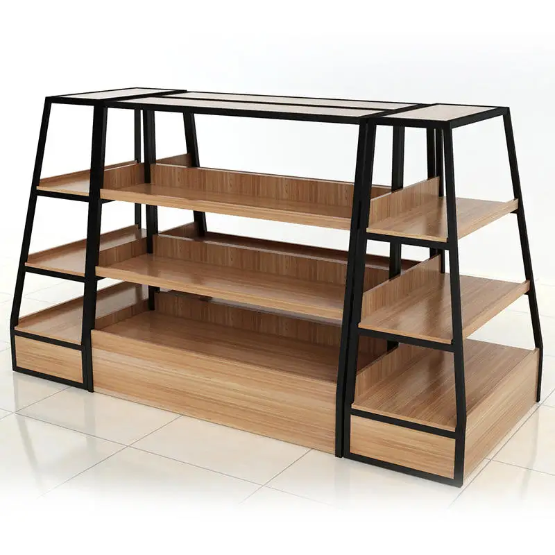 

Wooden metal bakery table retail store display stand