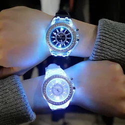 Women Flash Luminous Multicolour Rhinestone LED Watch Trends Students Lovers Jellies Woman Men's Watches Light Wrist Watch