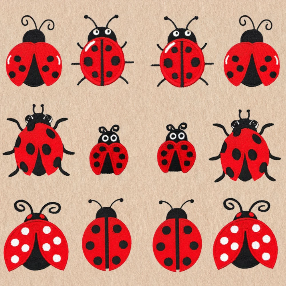 Embroidery Lady Bug - 5個入り、小さくてかわいい昆虫モチーフの、ハチドリのイラストが描かれた、アイロンで貼り付けられる小さなワッペン。子供用のパーカーや帽子に使える、熱圧着式の刺繍パッチ。