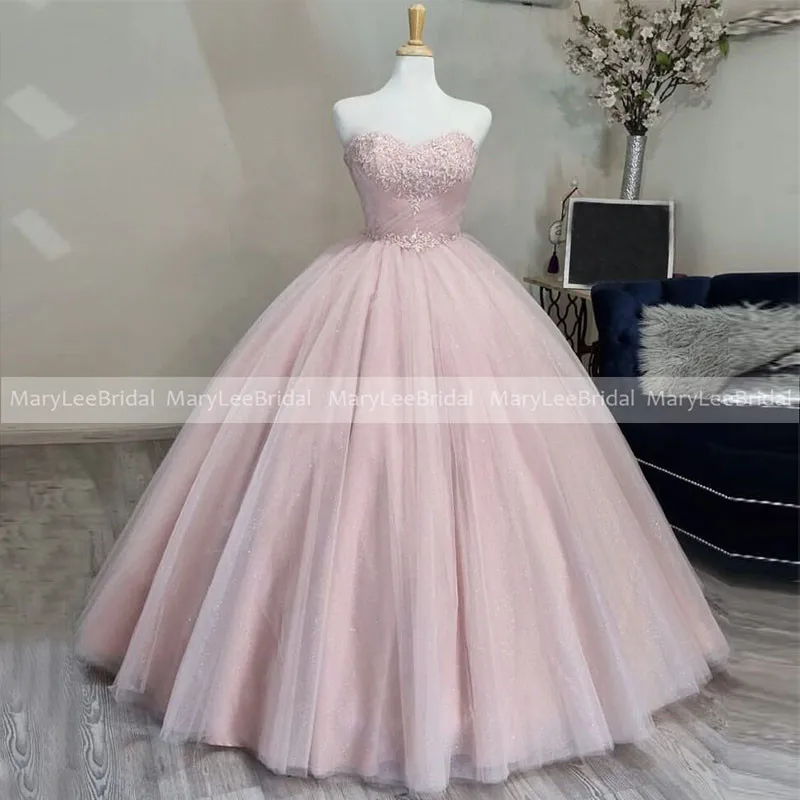 Vestido de quinceañera con purpurina y escote Corazón, vestido de princesa con Apliques de encaje, brillante, Formal, dulce, 16 vestidos