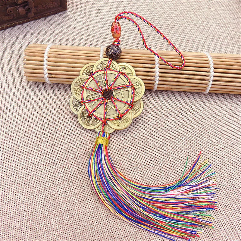 Feng Shui Mystic Knot Chinese Knot 10 Lucky Coins Pendant Safe Travel Health Wealth Car Interior Office Home Hanging Decor