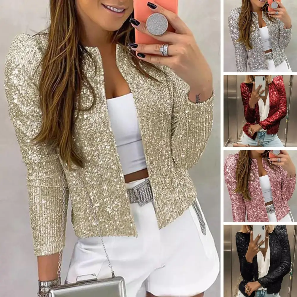 

Women Outerwear Sequin Slicing Long Sleeves Cardigan Club Party Performance Jacket Spring Fall Lady Coat Stylish Open for Women