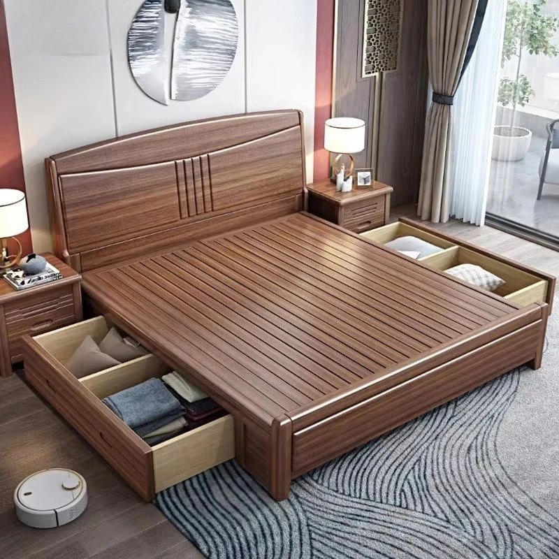 غرفة نوم منزلية حديثة، سرير تخزين كلاسيكي من الخشب الصلب بحجم كوين مع أدراج #2