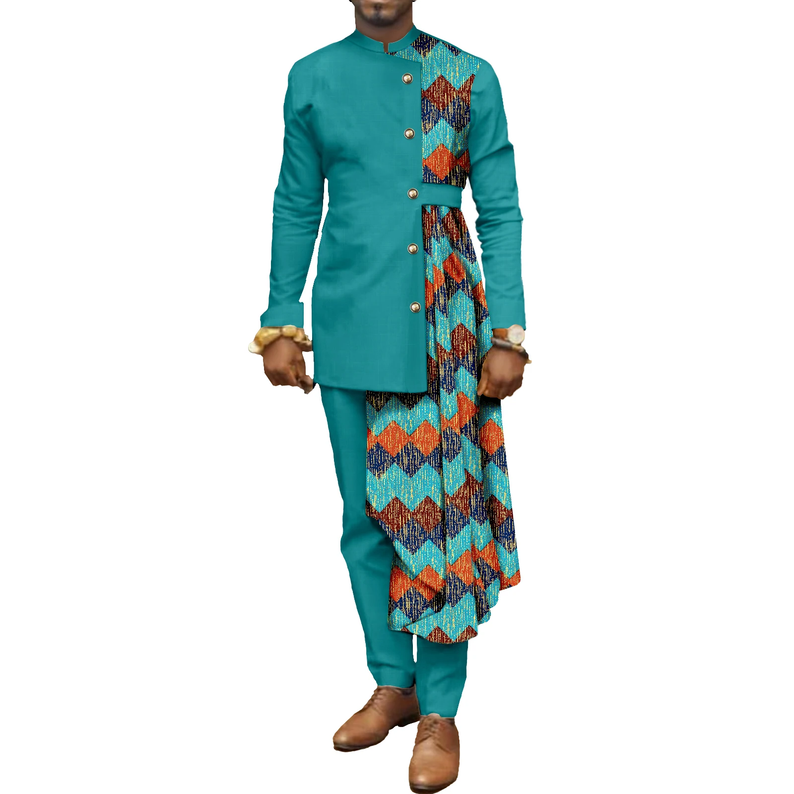 African Men Coat Long Sleeve Men 2 Piece Set Dashiki Jacket Tops Coat Ankara Print Patchwork Blazer Wedding Dress Suit Shirt