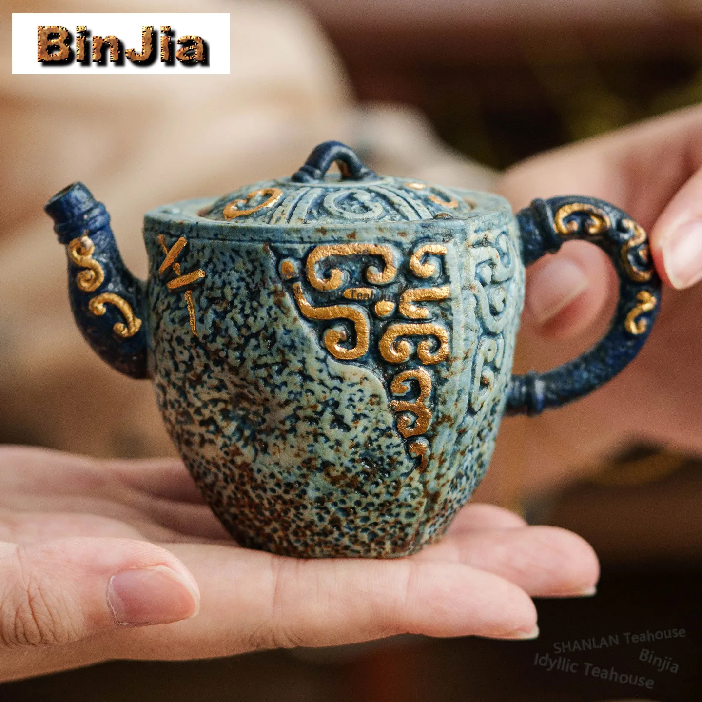 

120ml Gray Blue Sprinkle Gold Relief Teapot Traditional Tea Infuser Pot Tea Brewing Kettle With Ball Hole Tea Set Decoration