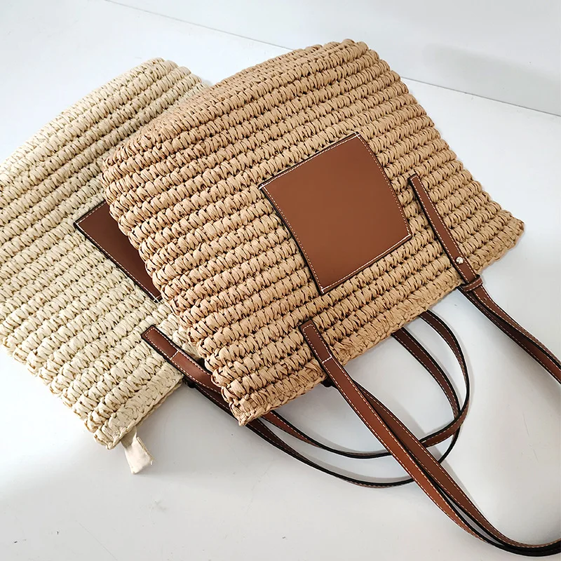 Straw Handbag Basket Female Fashion Trendy Simple Bucket Beach Bag Hand-woven Straw Woven Bag Travel Picnic Woven Basket