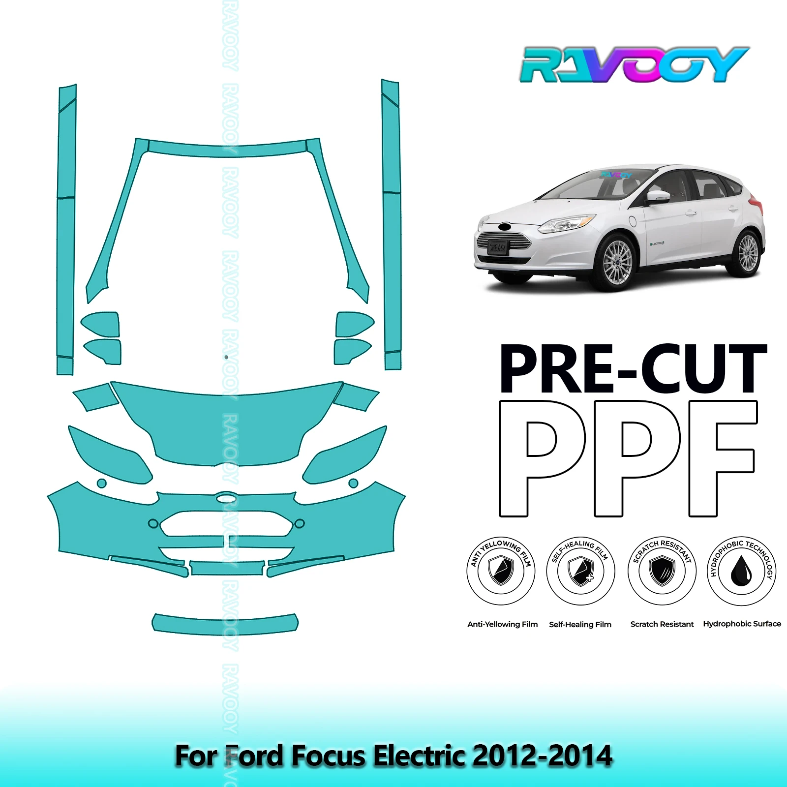 RAVOOY 8.5Mil Custom-Fit Precut TPU PPF Front Kit+Rockers Clear Bra Stone Guard EU UK For Ford Focus Electric 2012-2014