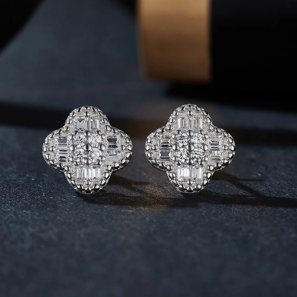 

Fashion Trendy Square Moissanite Four-leaf Clover Earrings Delicate Wedding Bridal Jewelry Valentine's Day Gift