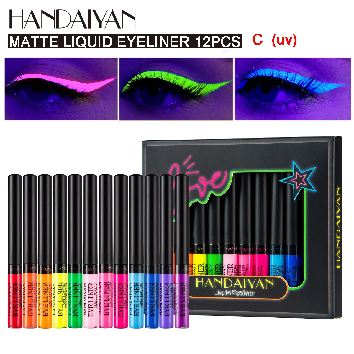 12 farben Neon Eyeliner Stift Kit UV Licht Pastelle Pastell-Schwarz Licht Augen Make-Up Wasserdicht Flüssigen Eyeliner Bleistift Set kosmetik