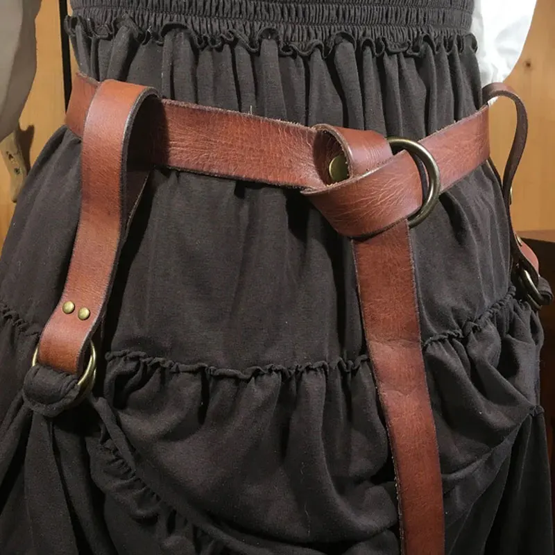 Women Men Viking Mug Hook Strap Double Metal Rings Leather Loop Medieval Belt Skirt Hiking Performance Adult Accessories