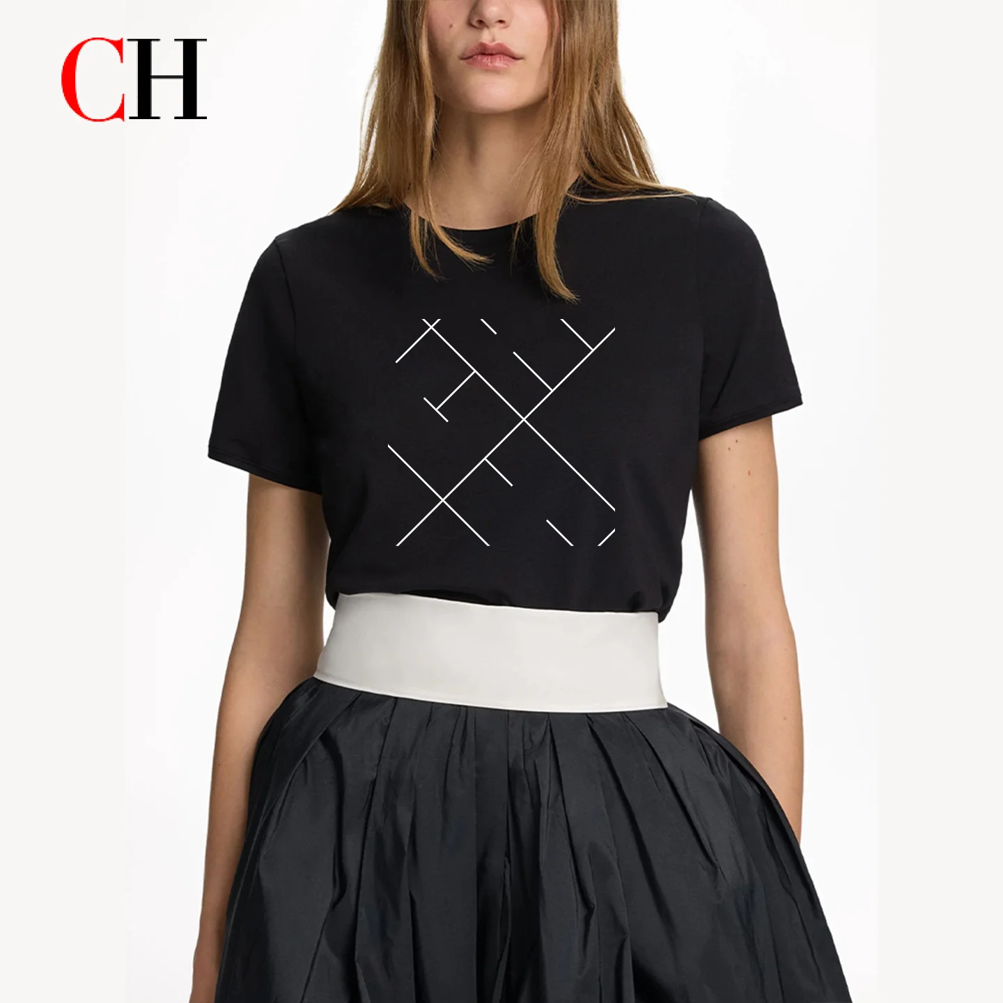 CH Women's Abstract Geometric Print T-Shirt Short Sleeve Crew Neck Casual Loose Fit Summer Tee Fashion Streetwear Top