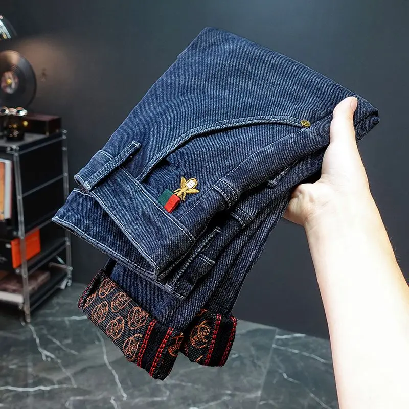 موضة جديدة الشتاء الخريف الجينز الرجال المطبوعة تصميم الشارع كل مباراة عادية لينة تمتد جودة ملابس للرجال نحيل بنطلون #3