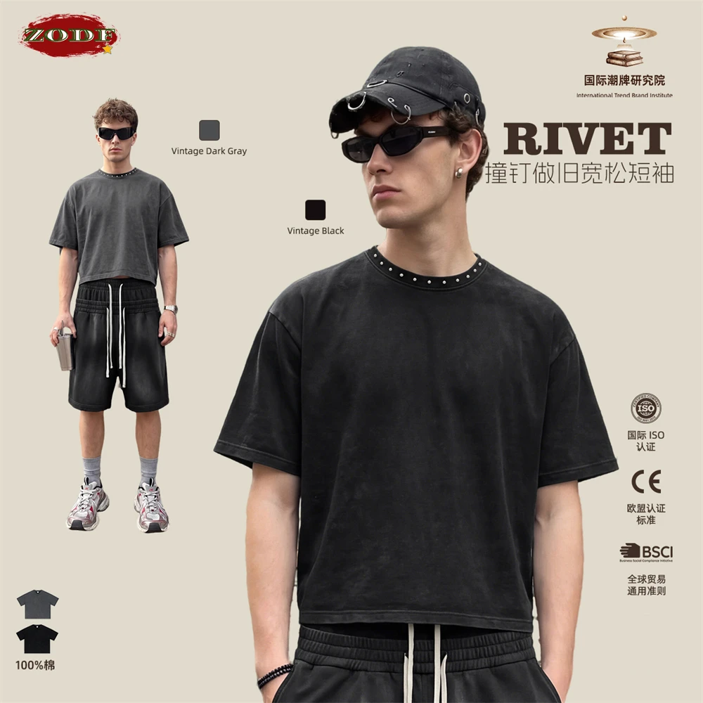 ZODF Retro 2026 Summer Men Boxyfit 285gsm Washed T-Shirts Unisex Vintage High Street Stud Neck Cotton T Shirt Tees HY1203