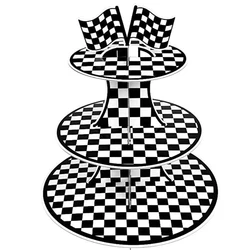 1pc Racing Car Theme 3-Tier Round Cardboard Cupcake Stand for Cupcakes Cars Birthday Party Favor Black and White Checkered Decor