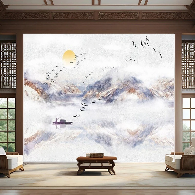 Chinese Feng Shui Ink Painting Artistic Conception Landscape Elegant Mountain Ranges Rural Scenery Poster For Living Room Wall