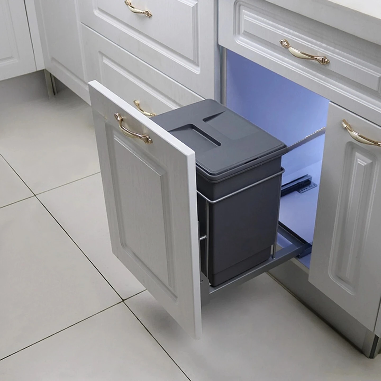 Embedded Pull-out Kitchen Trash Can with Lid, High and Narrow Concealed Sorting Cabinet, Built-in Storage Basket
