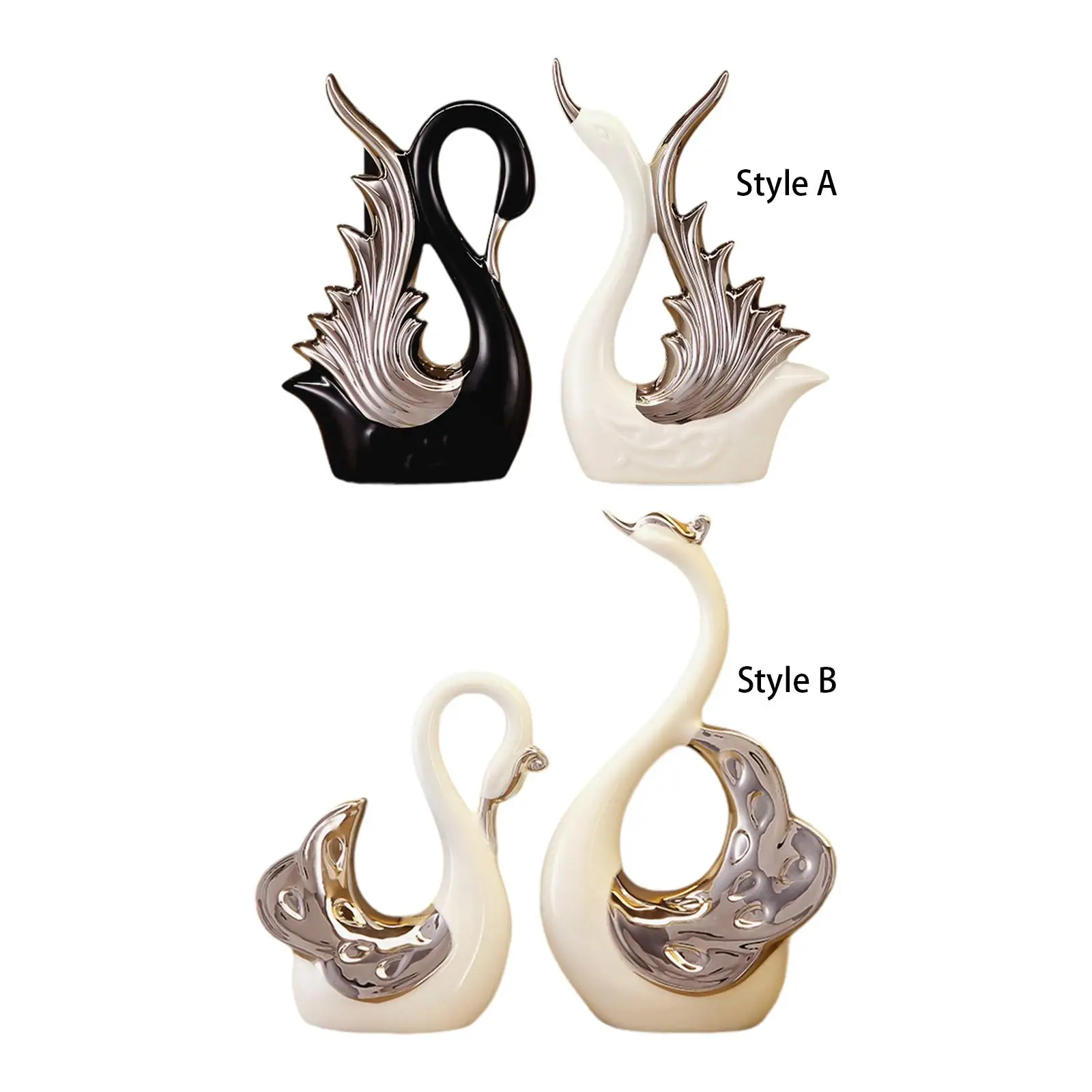 2 Pieces Swan Figurines Statues Ceramic Sculpture Desk Art Craft Ornament Swan