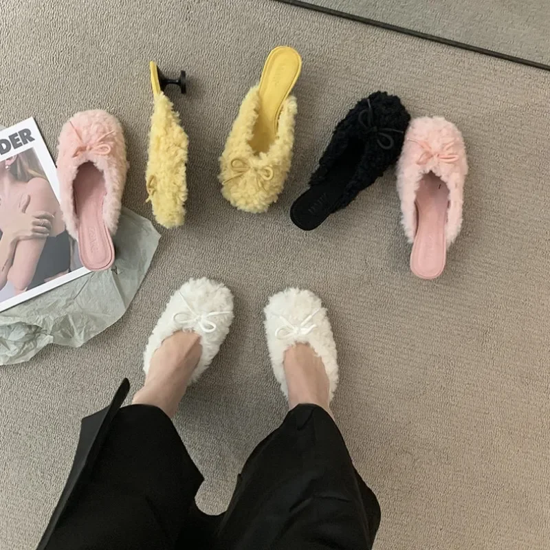 2024 Slippers Casual Shoes Woman Pink Slides Shallow Butterfly-Knot Med Cover Toe Fur Flip Flops Pantofle Luxury Plush New Butte