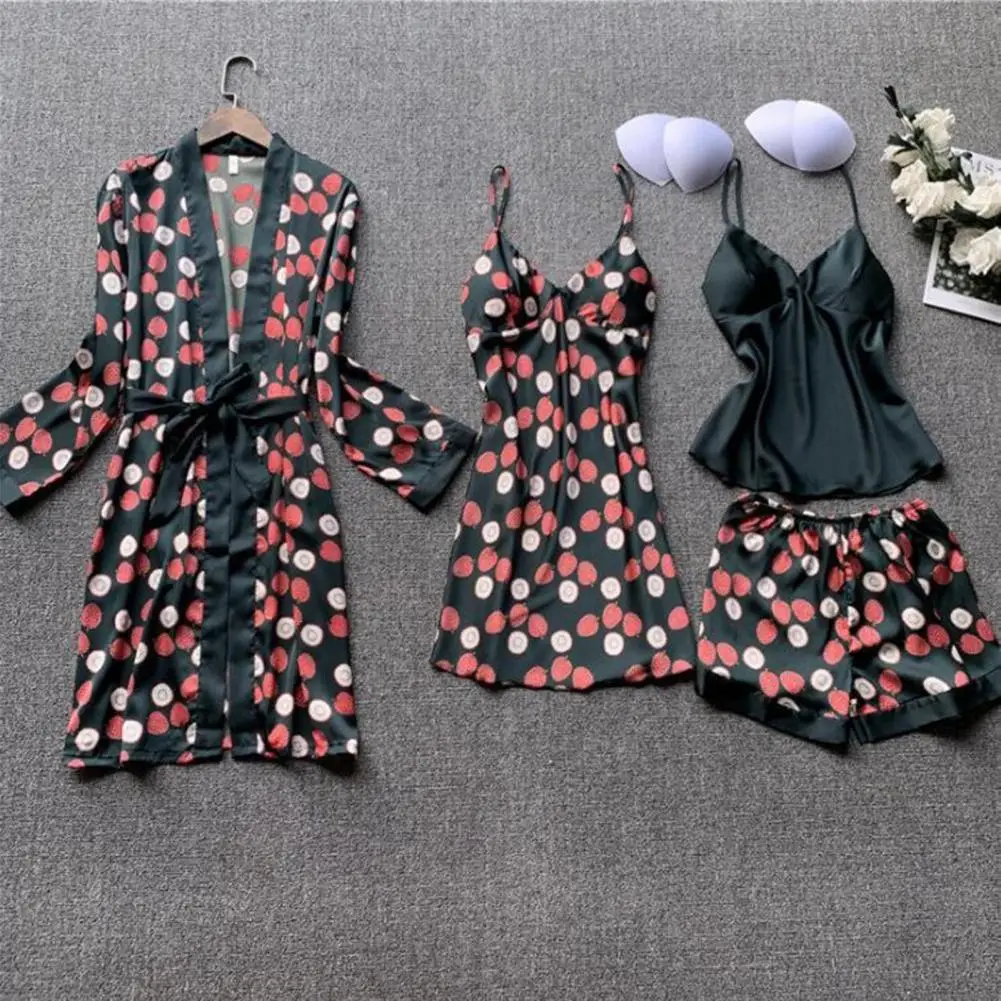 4 Pieces Woman Sleepwear Pajamas Ser With Robe Sexy Lace Lingerie Bathrobe Silk Satin Home Clothed Nightwear Robe