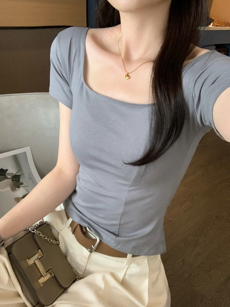 Korean Slim Fitted Short Sleeve Solid Color Tee 2026 Summer Square Neck Women T-shirt Chic Unique Waist Cinched Crop Top