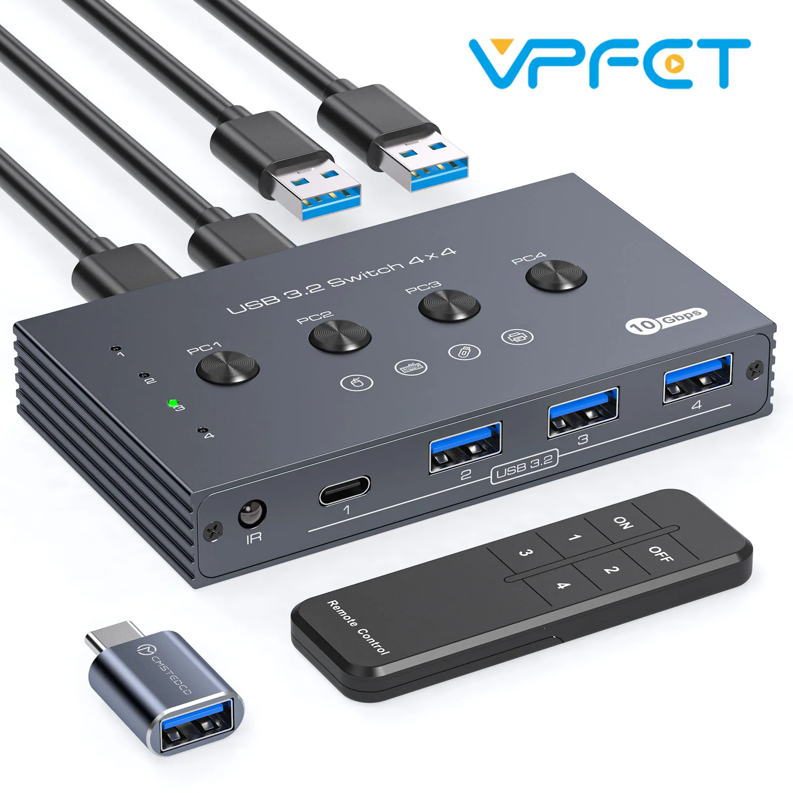 

Переключатель USB 3.2 KVM-переключатель Общий адаптер контроллера Скорость 10 Гбит/с Поддержка подходит для компьютера, ноутбука, мыши, клавиатуры, 4 порта USB
