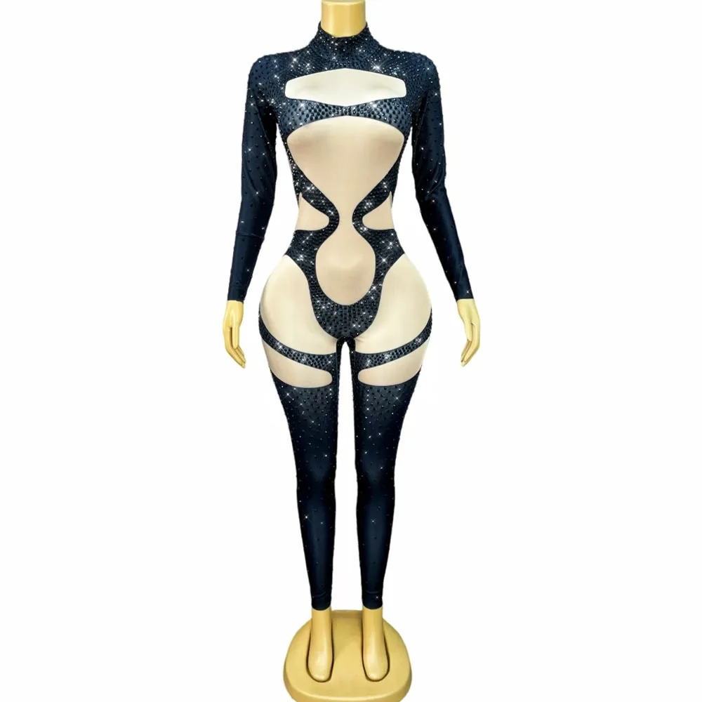 

Sexy Shining Rhinestones Long sleeves Jumpsuit Women Singer Dancer Performance Show Nightclub Party Photoshoot Stage Wear