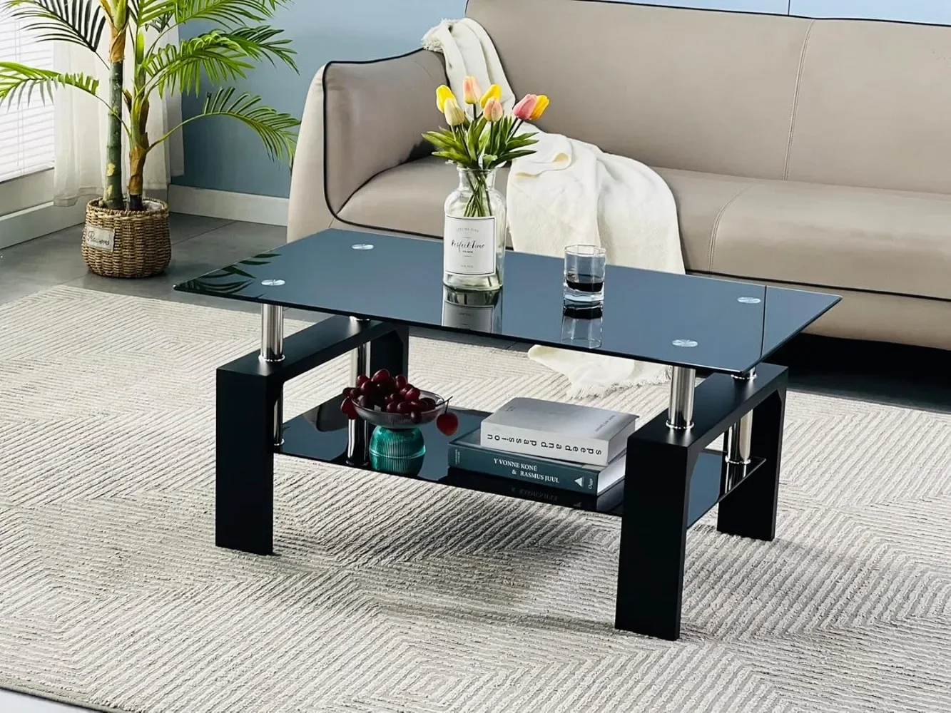 

Living Room Rectangle Coffee Table, Tea Table Suitable for Waiting Room, Glass Tabletop, 39.5D x 23.5W x 17.5H in, Black
