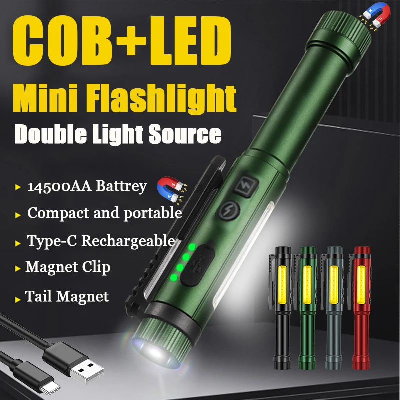 

LED COB Mini Flashlight Multifunction 8 Lighting Modes Torch Type-C Rechargeable 14500AA Battery Duble Magnet Clip Work Lantern