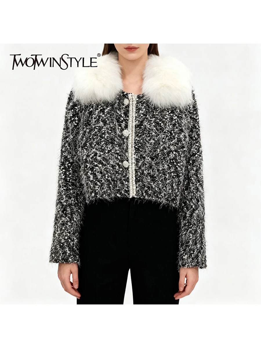 

TWOTWINSTYLE Hit Color Loose Spliced Bead Button Fashion Jackets for Women Fur Collar Long Sleeves Temperament Jacket Female New