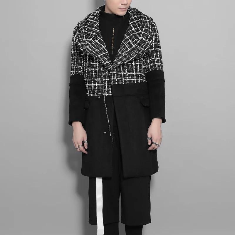 

Оригинальный дизайн, модное мужское твидовое пальто, клетчатый дизайн с капюшоном, черная свободная уличная одежда средней длины с длинными рукавами