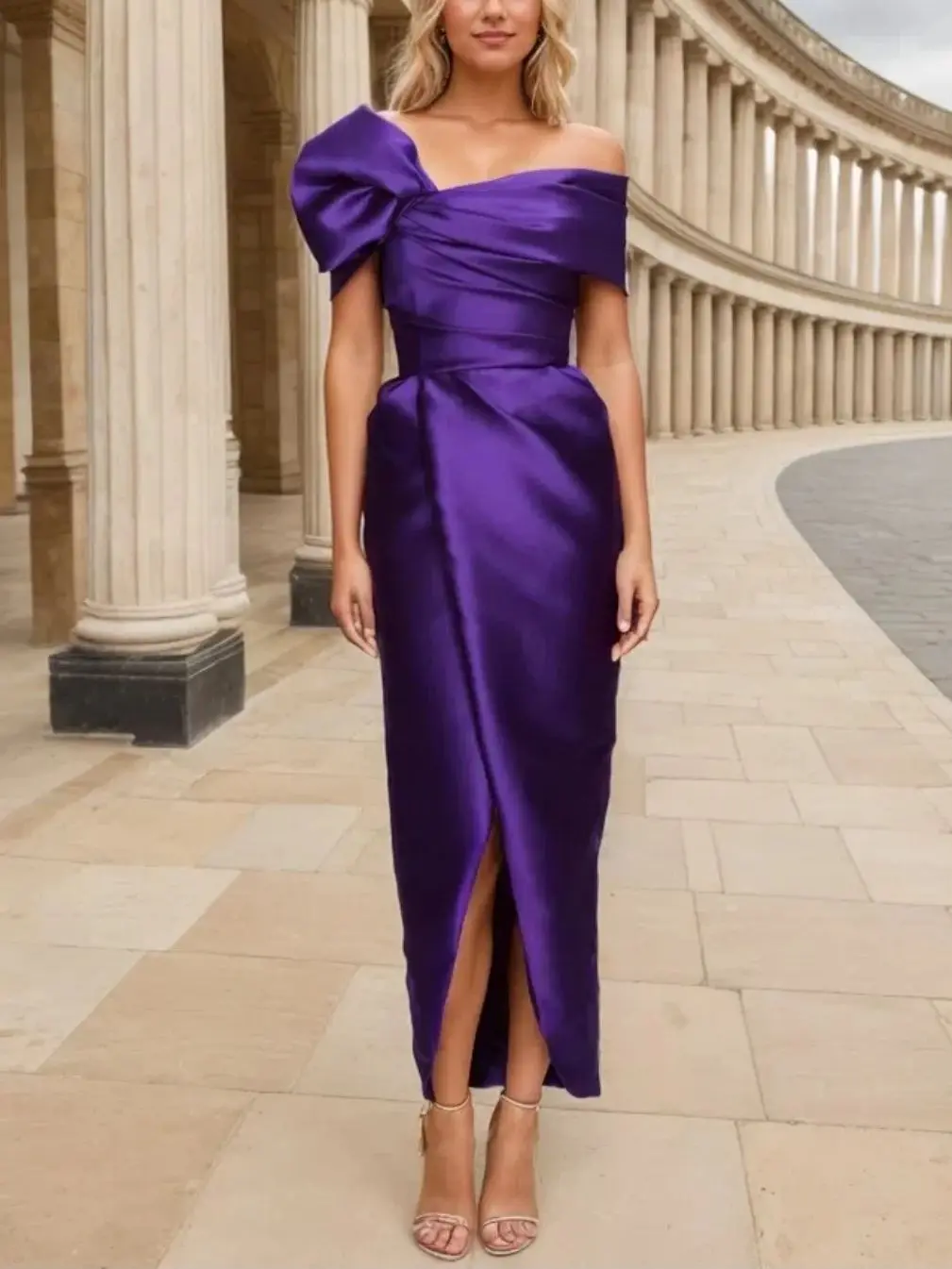 

Fashions Sheath Evening Dress One Shoulder Satin Ankle Length Cap Sleeve Slit Pleated Wedding Guest Dress 2025 Free Customized