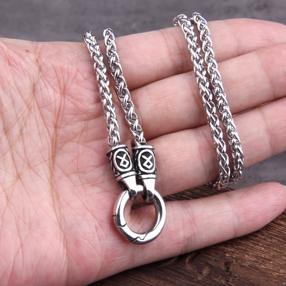 Nordic Viking Rune with Open Round Clasp Pendant Necklace Stainless Steel Chain with Wood Box