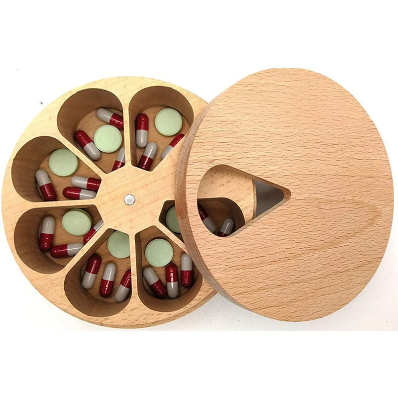 1PCS Pill Case Storage Box Solid Wood Pill Box Compartment Weekly Medicine Table