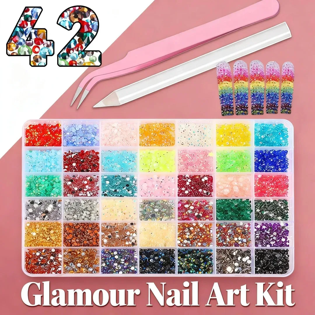 

Nail Art 42Gird 3D Glass AB Crystal Rhinestones Kit Flatback Round Bead Charm Gem Stones Jewelry Diamond with Tools for Nail Art
