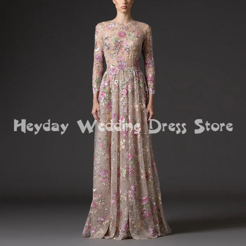 

Heyday женские роскошные вечерние платья трапециевидной формы из тюля с круглым вырезом и цветами в пол, с длинными рукавами, вечерние элегантные платья 2025