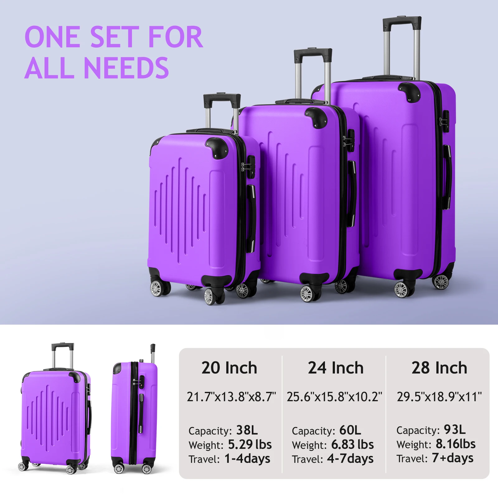 3-in-1 trolley case with 2 corners and diamond stripes - lavender